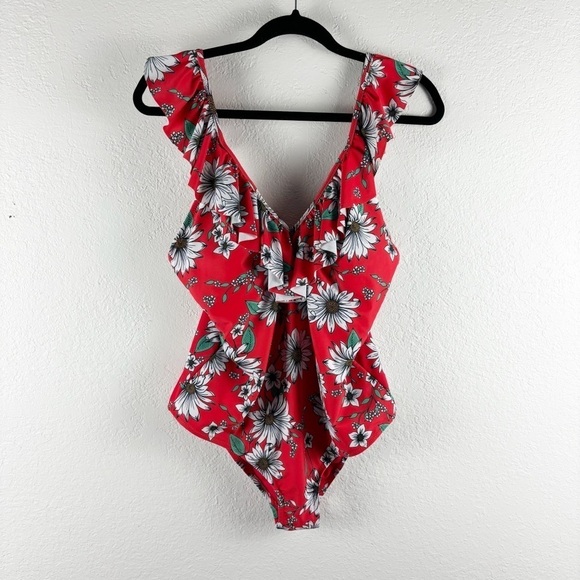 Jessica Simpson Floral Ruffle Frill One Piece Bathing Suit Swimsuit Red Large - Picture 2 of 7
